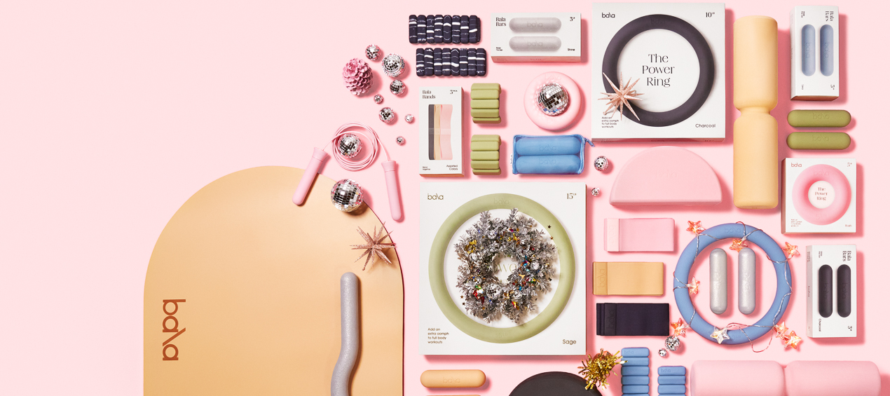 A holiday-themed flat-lay of Bala products