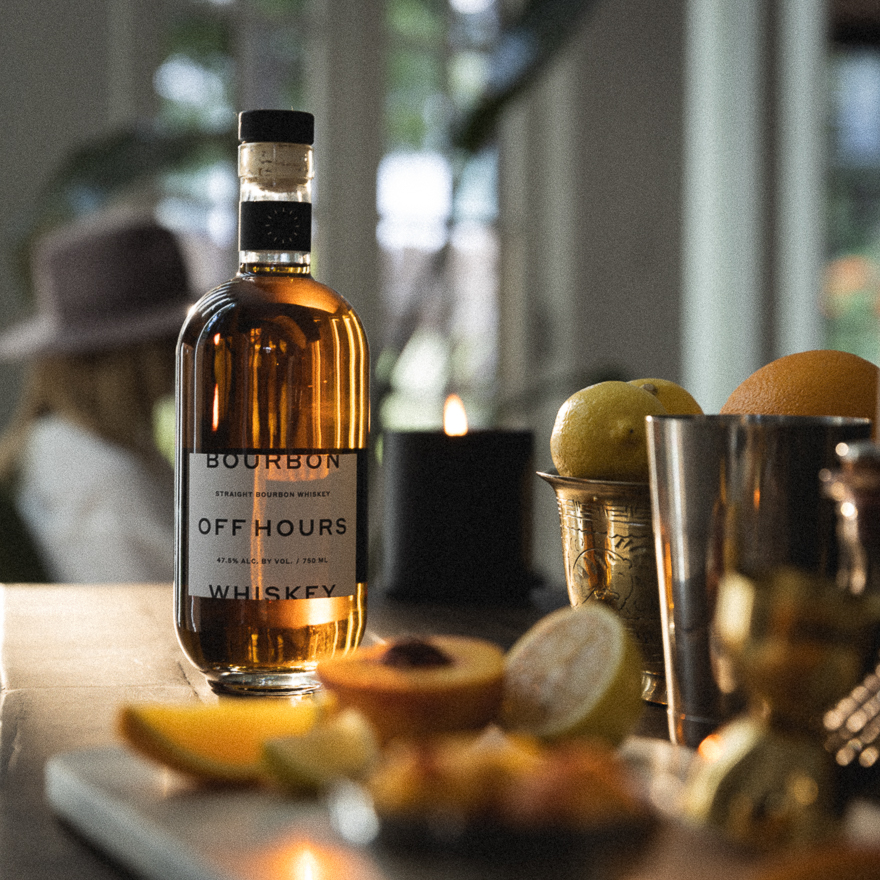 Ingredients for a summer peach old fashioned