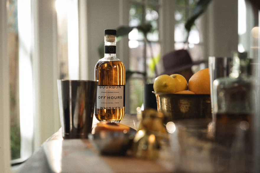 Ingredients for a summer peach old fashioned