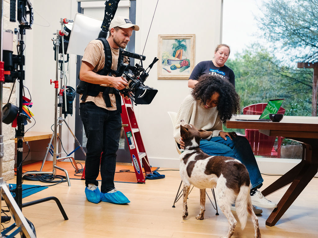 Brian Pfaff films a dog for Ollie's Superbowl advertisement
