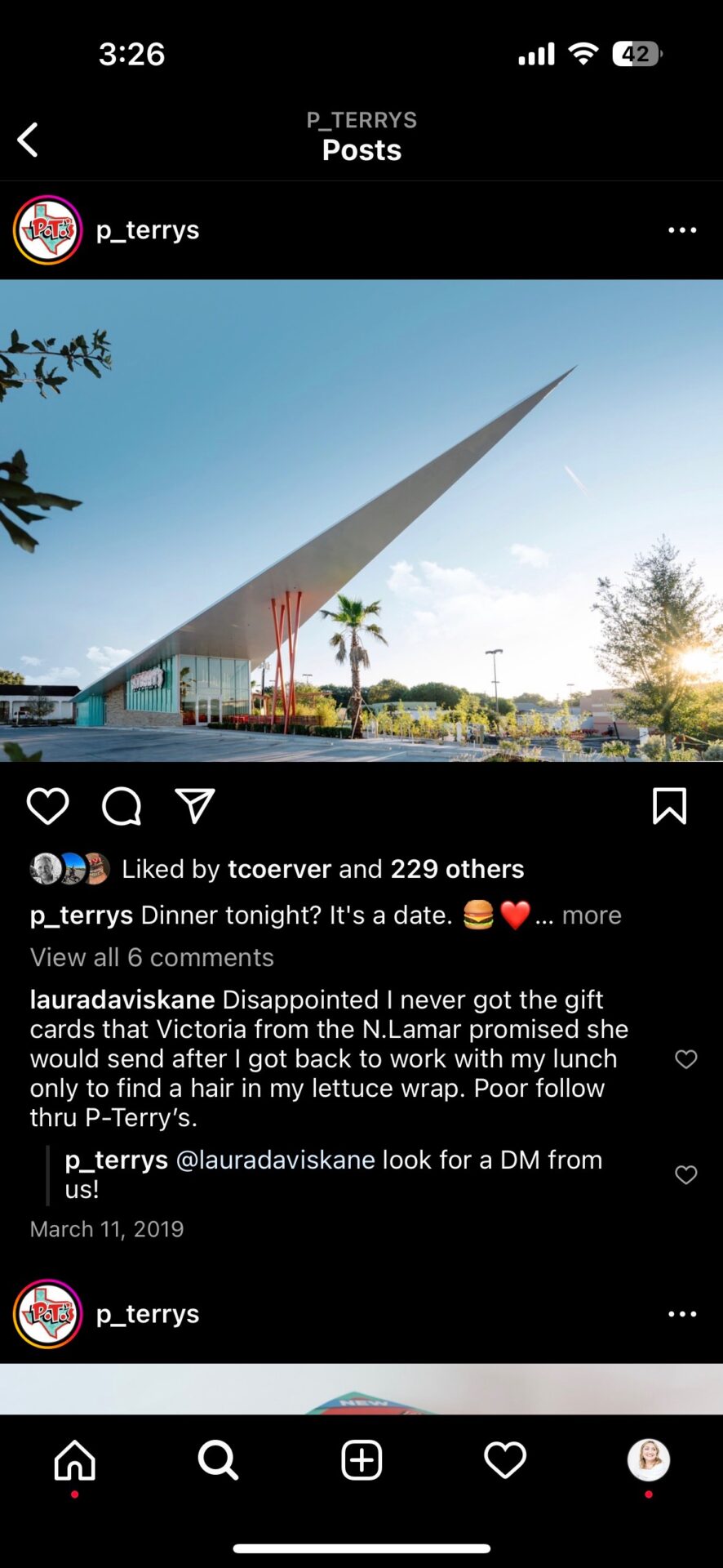 A social media post showcasing P. Terry's iconic googie architecture