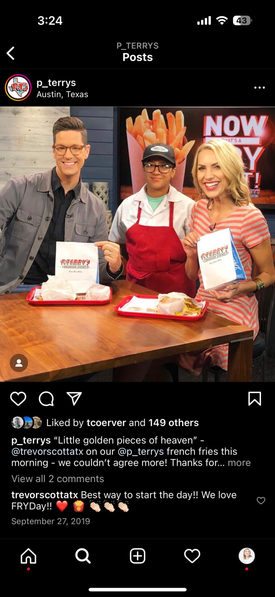 A social media post showing P. Terry's in the media