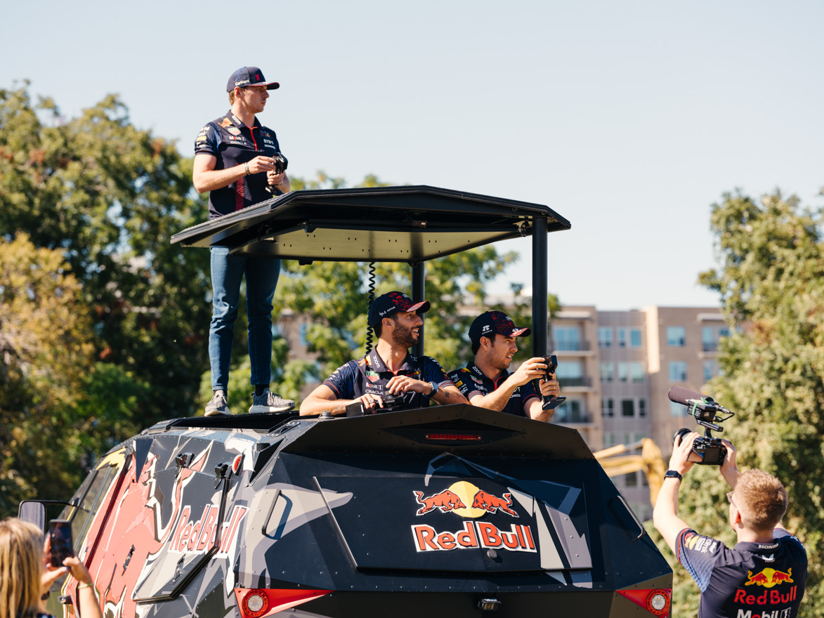 Max Verstappen, Daniel Ricciardo and Sergio Perez at Oracle Red Bull Racing F1 driver day