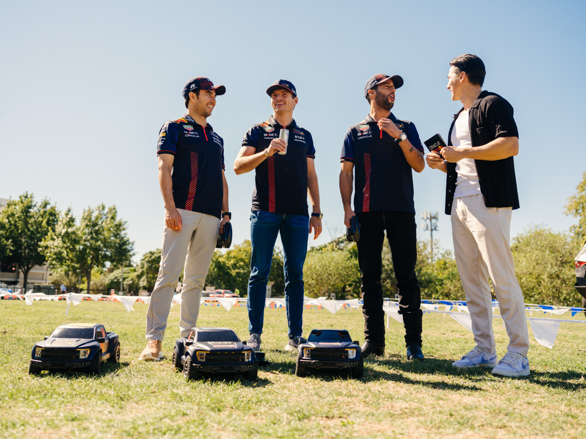 Sergio Perez, Max Verstappen and Daniel Ricciardo at Oracle Red Bull Racing F1 driver day