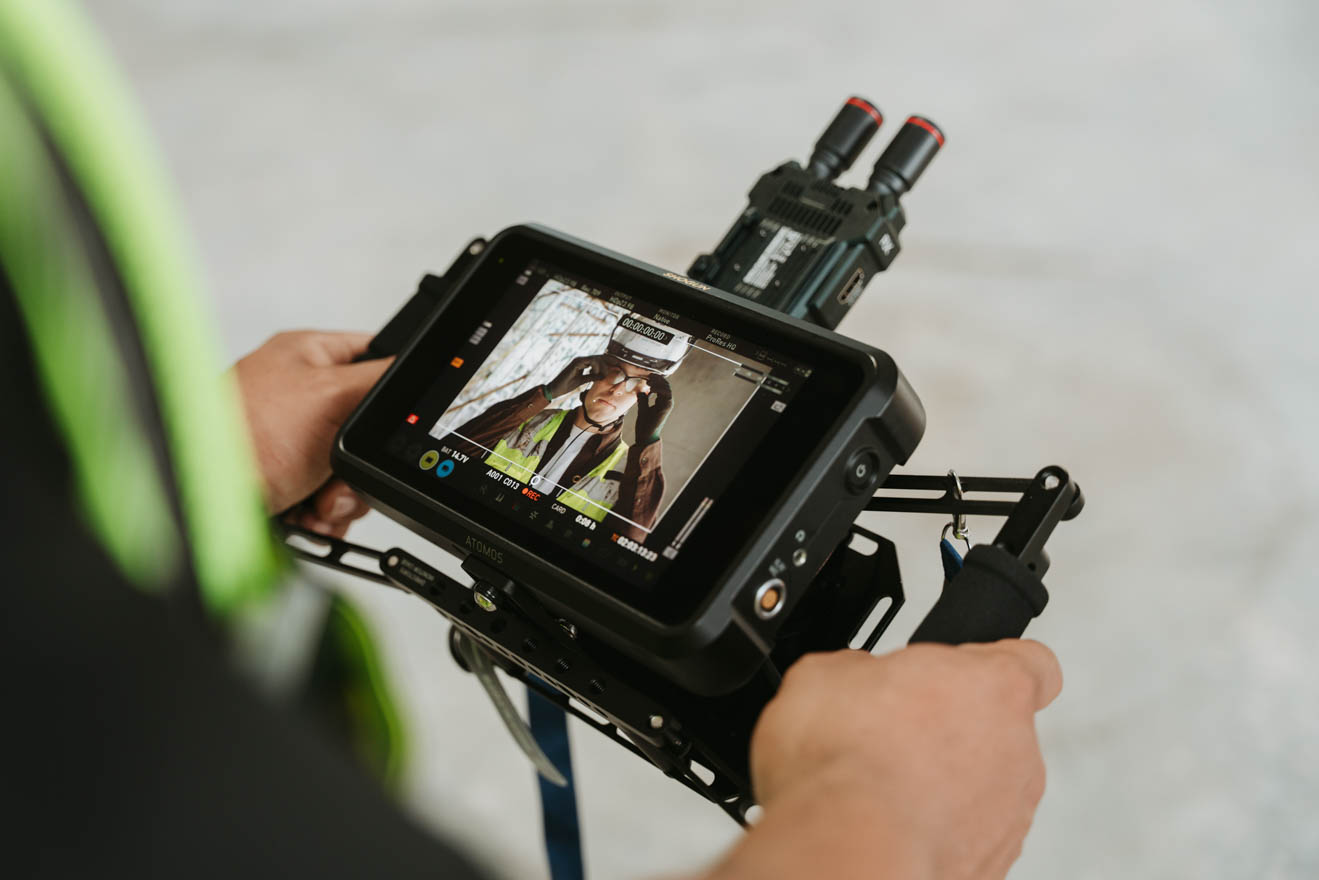 A view of the director's monitor on-set with DPR Construction