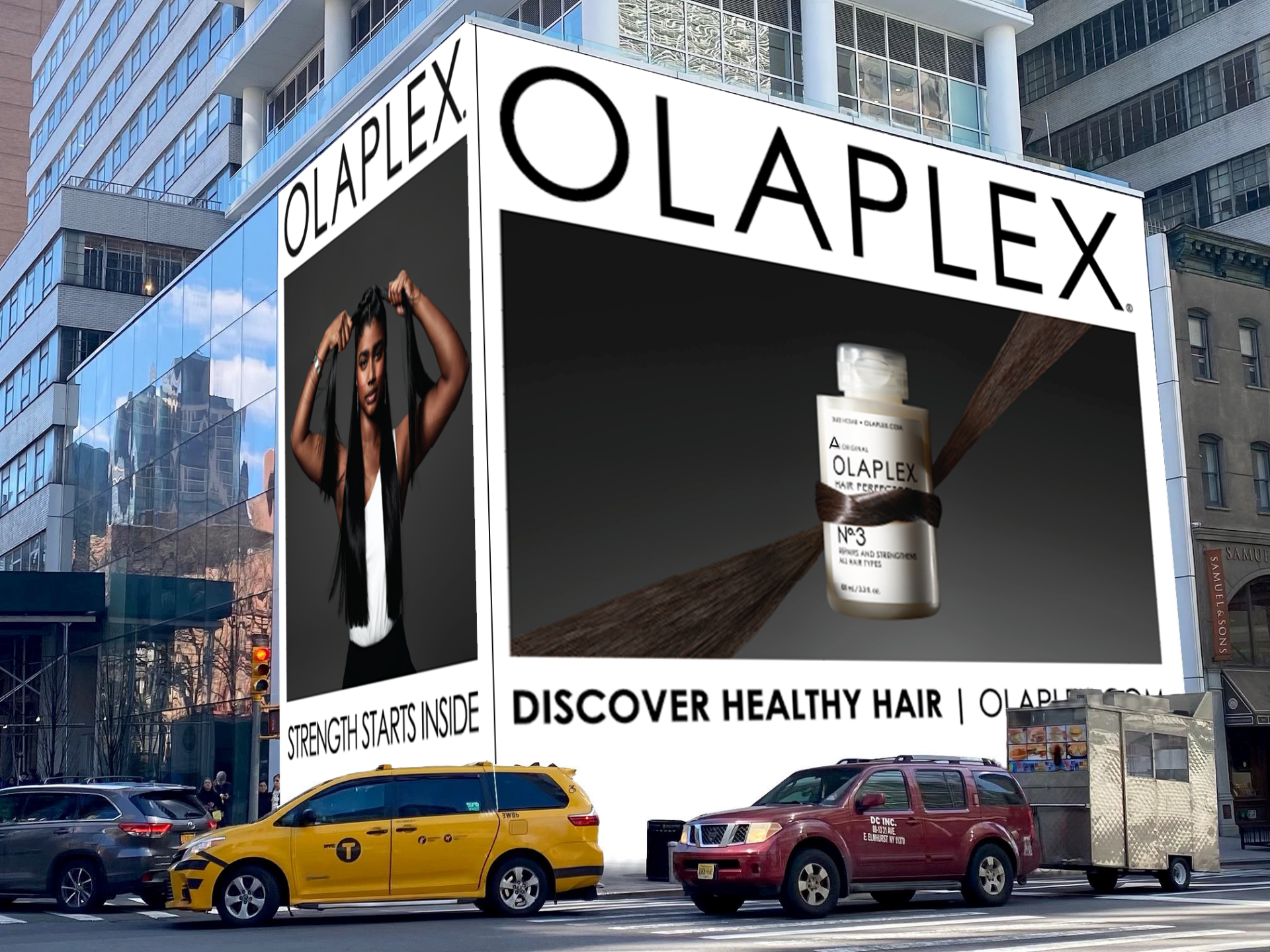A mock-up of a billboard in New York Cityfeaturing Olaplex
