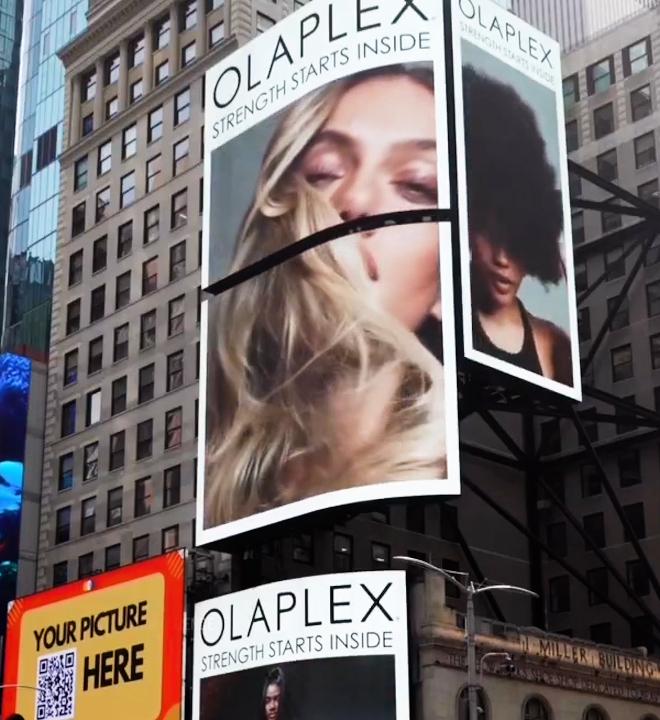 A mock-up of a billboard in Times Square NYC featuring Olaplex