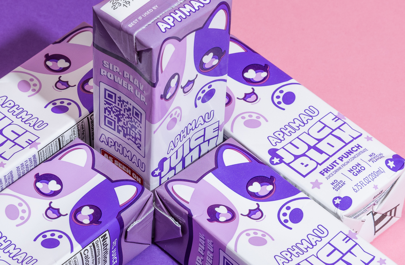 Catface juice boxes arranged in a Minecraft-inspired format