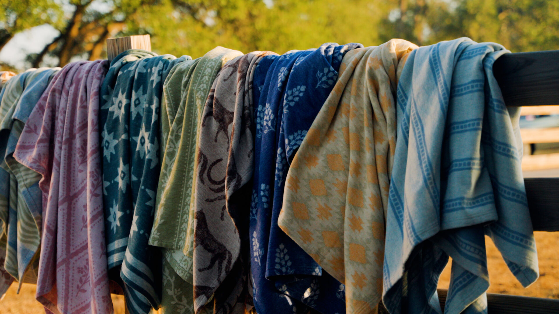 Chappywrap blankets hung outside at sunset