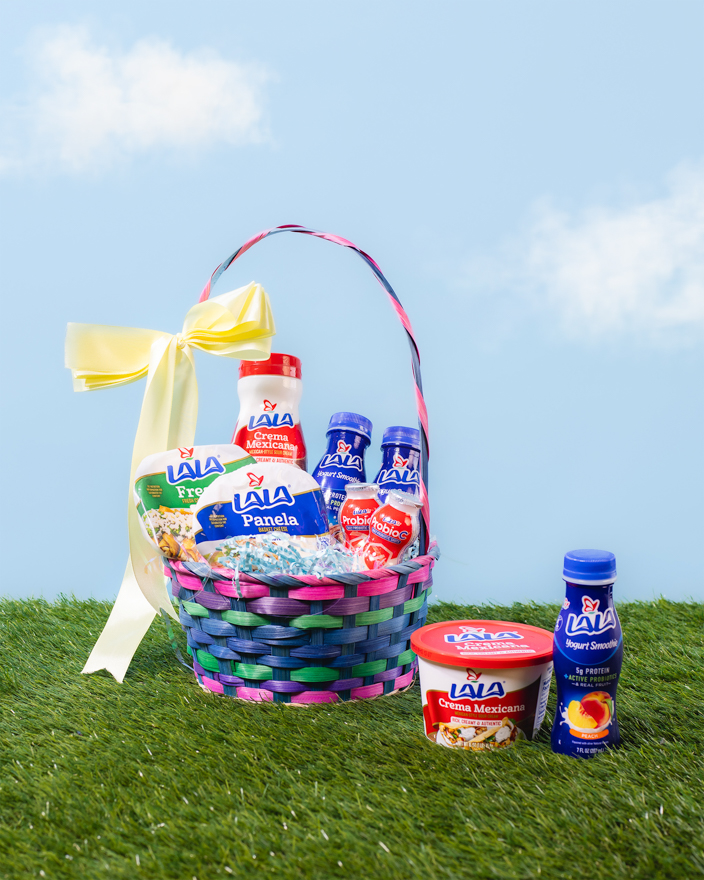 An Easter basket filled with Lala crema, cheese and yogurt products