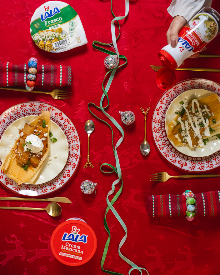 A Christmas themed spread of Mexican food with Lala crema Mexicana