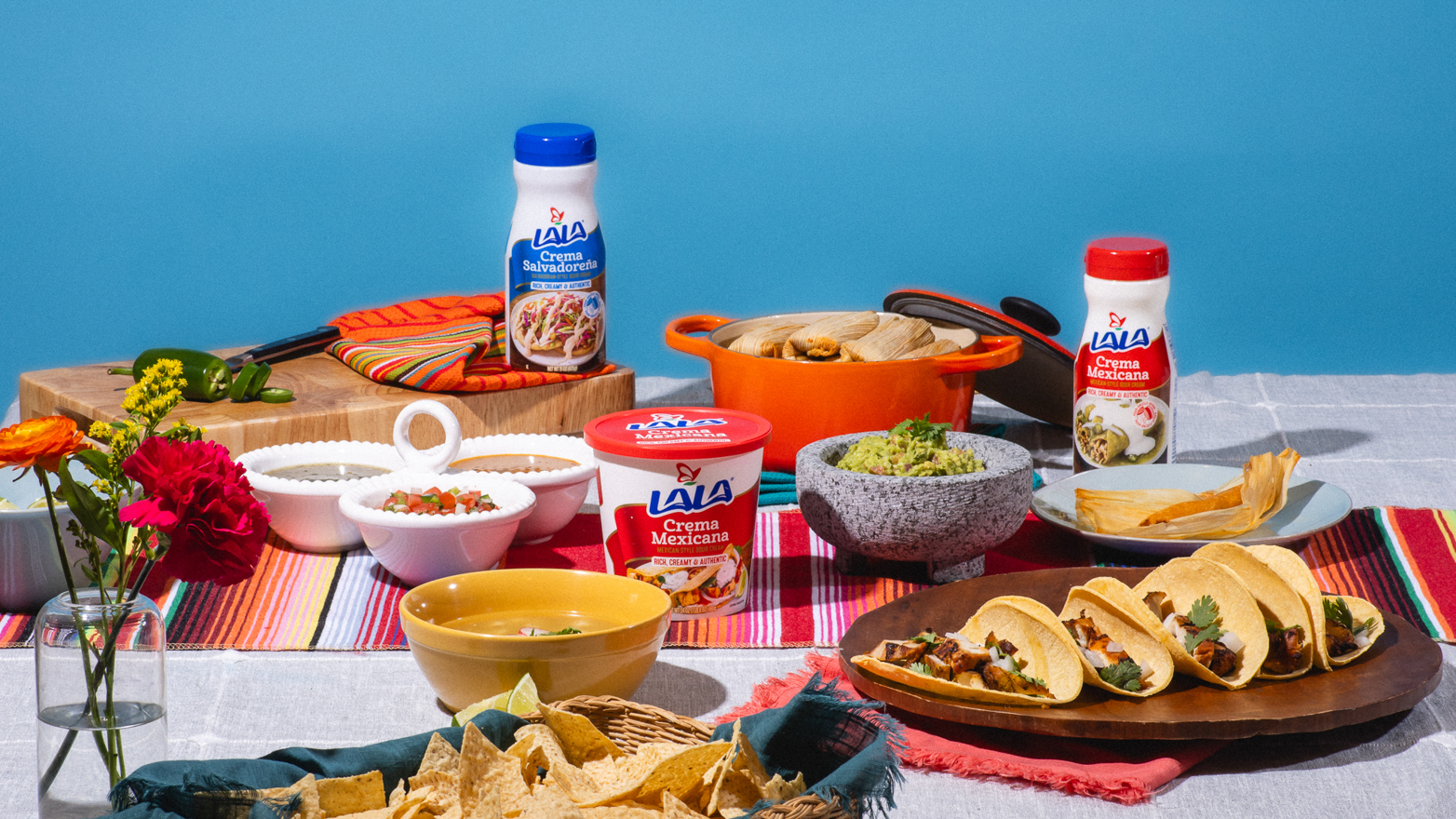 A traditional spread of Mexican food with Lala crema Mexicana