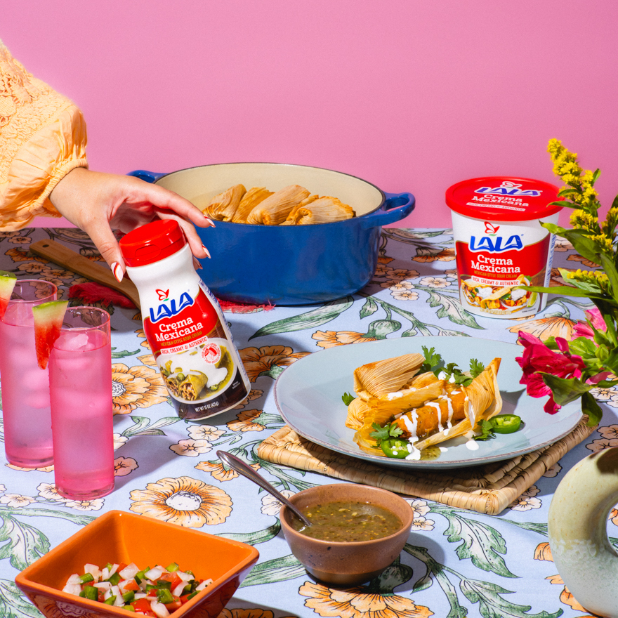A traditional spread of Mexican food with Lala crema Mexicana