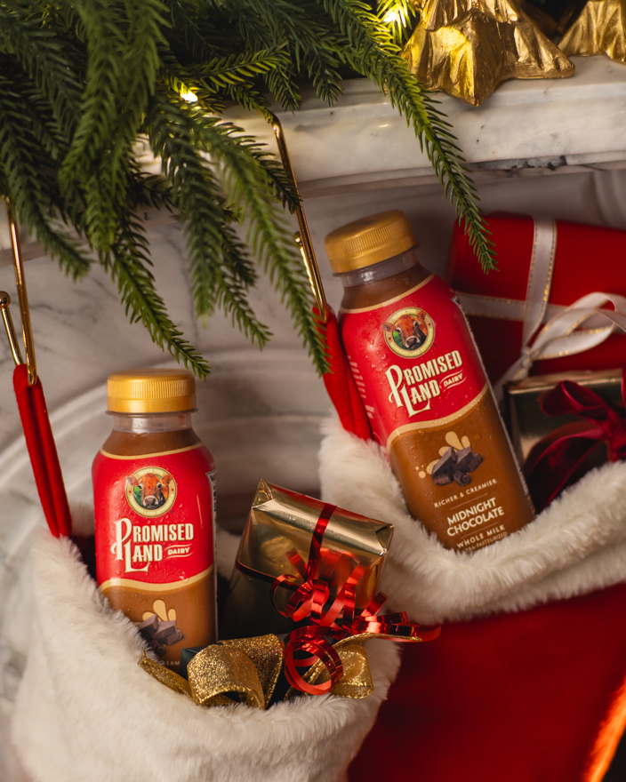 A stocking filled with Promised Land Dairy products