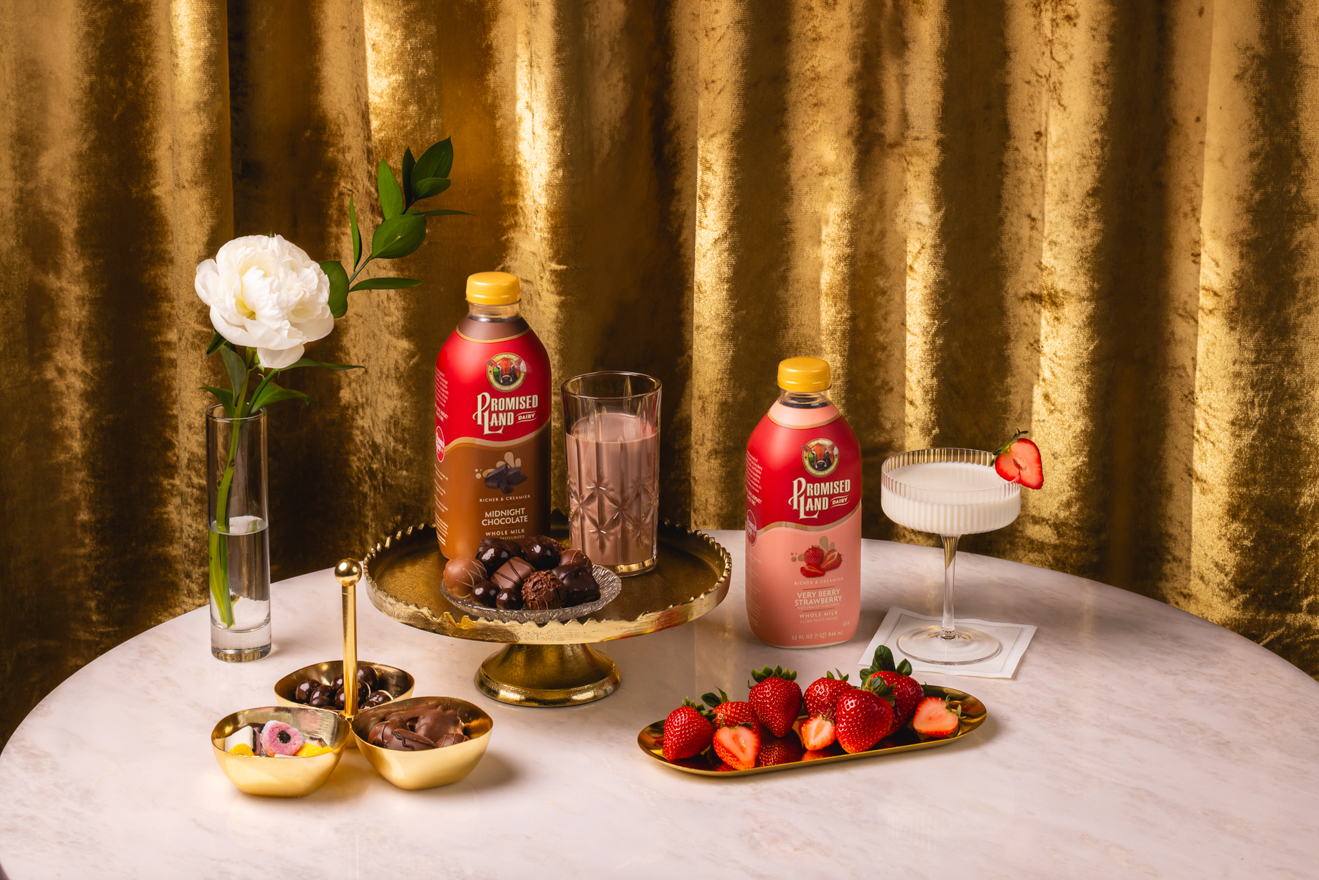Styled Promised Land Dairy products on a table