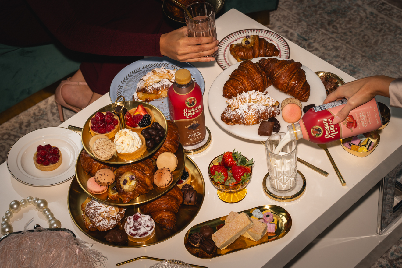 A dessert spread featuring Promised Land Dairy milk