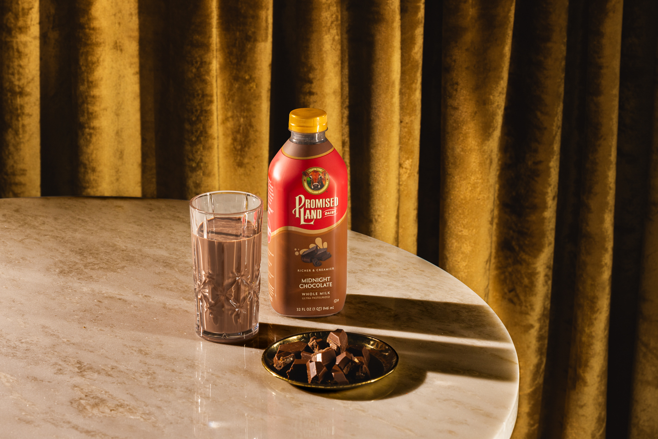 Promised Land Dairy chocolate milk styled studio photography