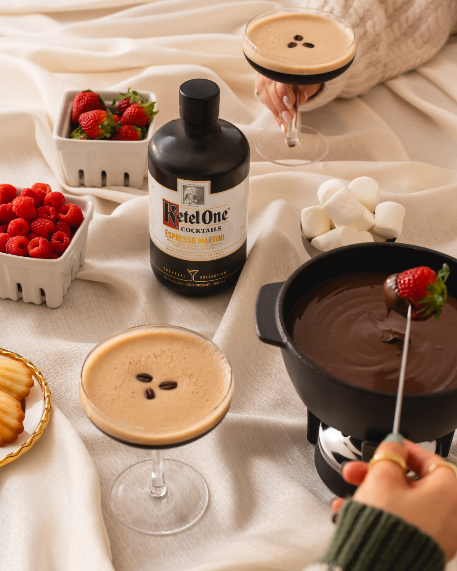 Ketel One espresso martini on the table with chocolate fondue