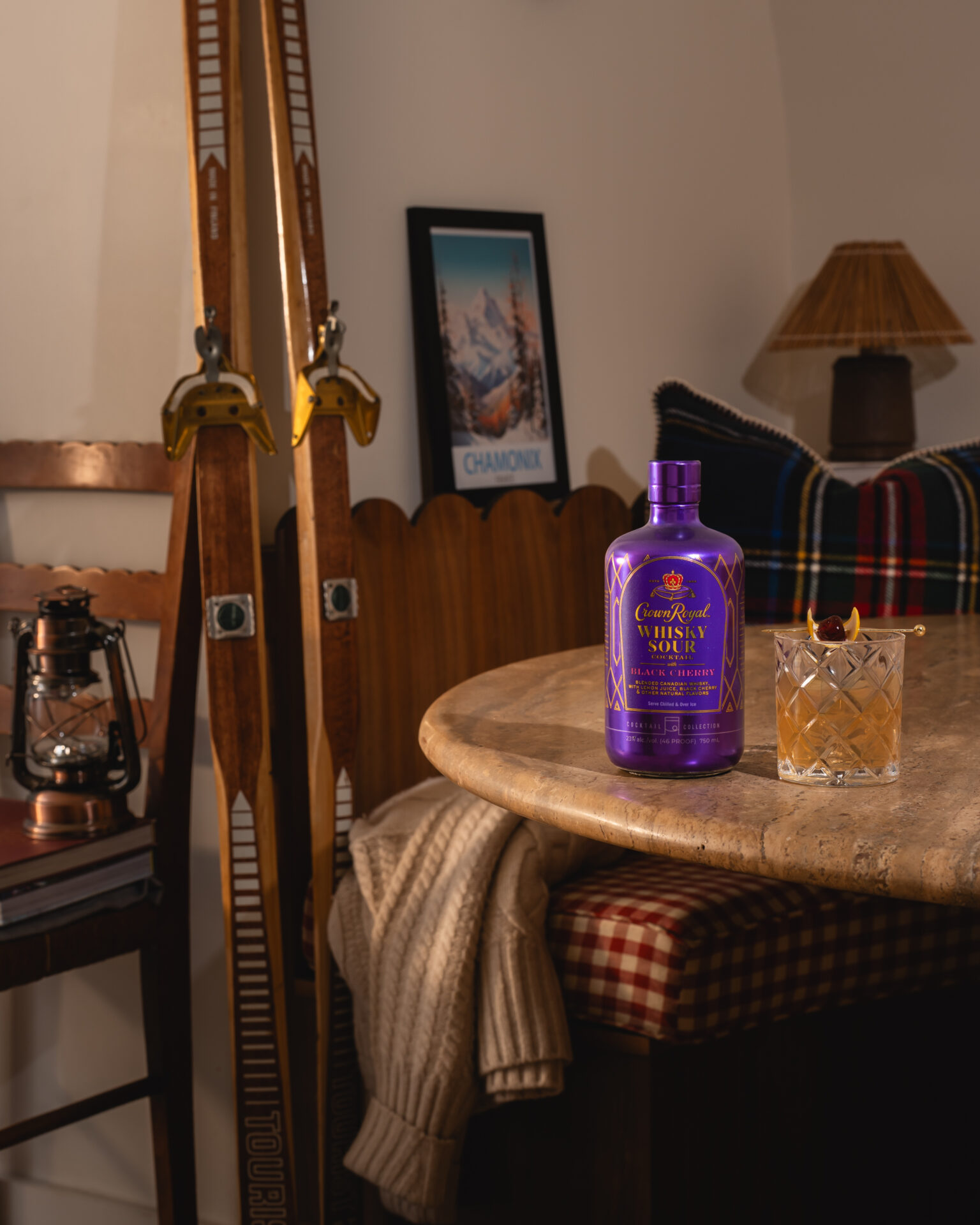 An apres-ski Crown Royal whiskey sour in a ski chalet