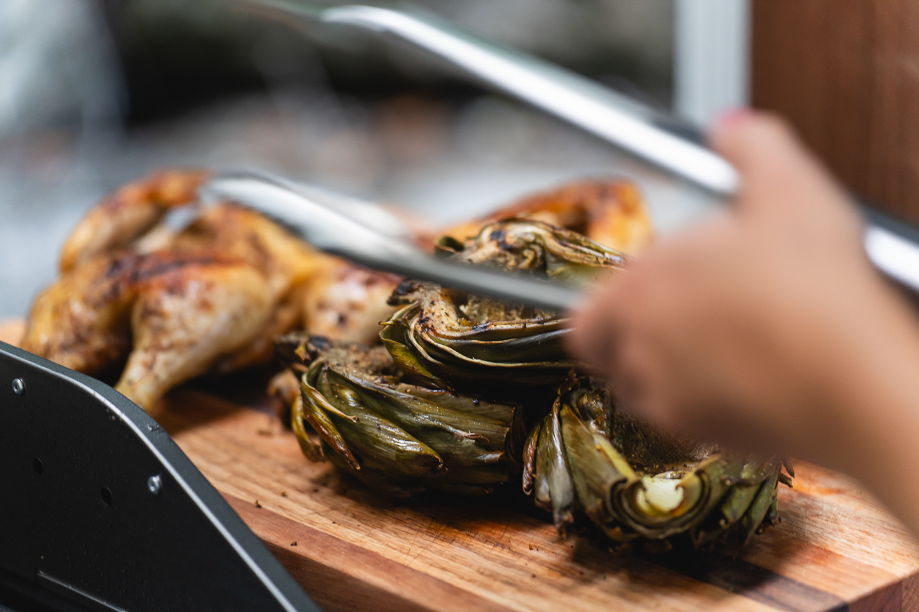 Artichokes grilled on Current Backyard model G2 electric grill